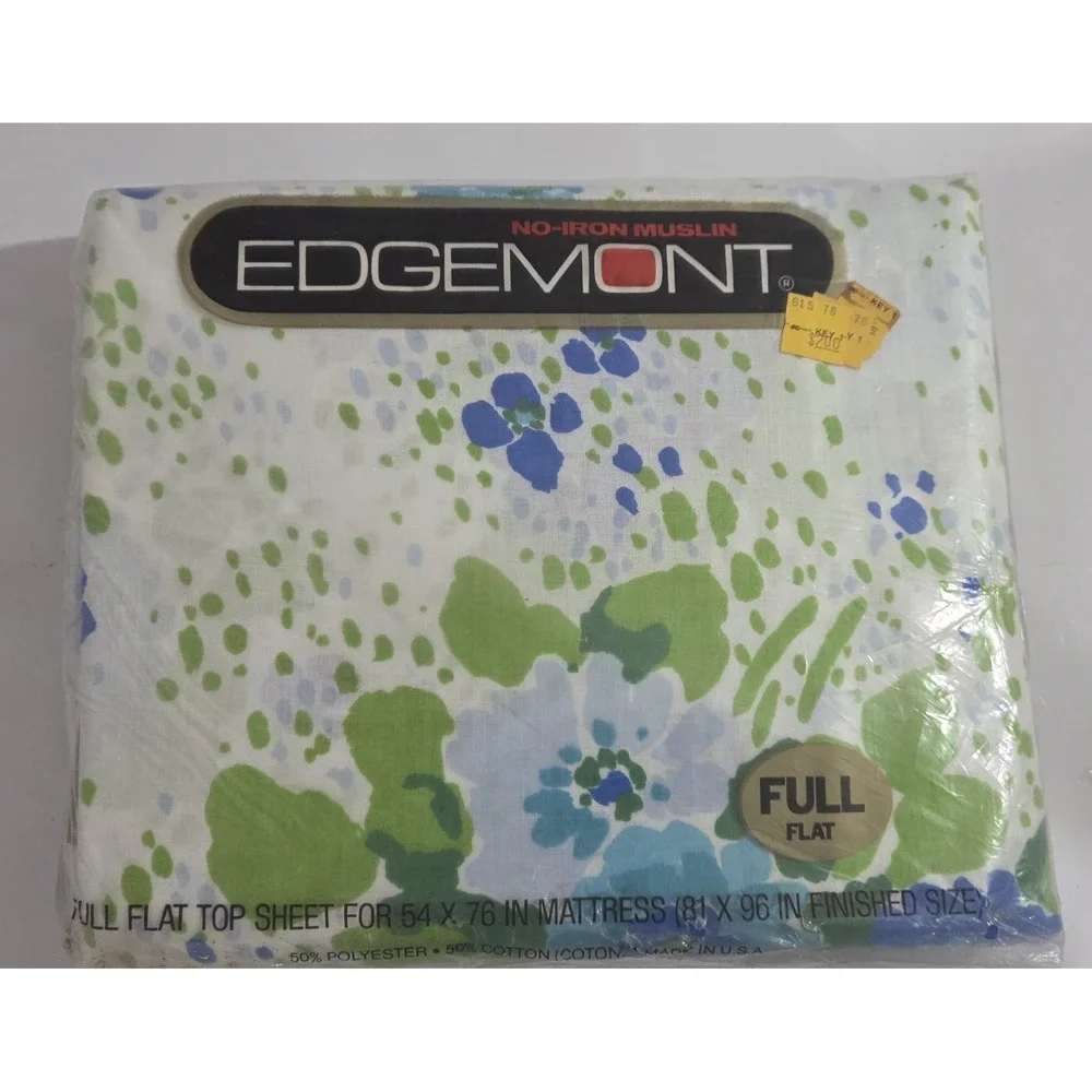 Edgemont Blue Green Floral Full Flat Top Sheet NOS